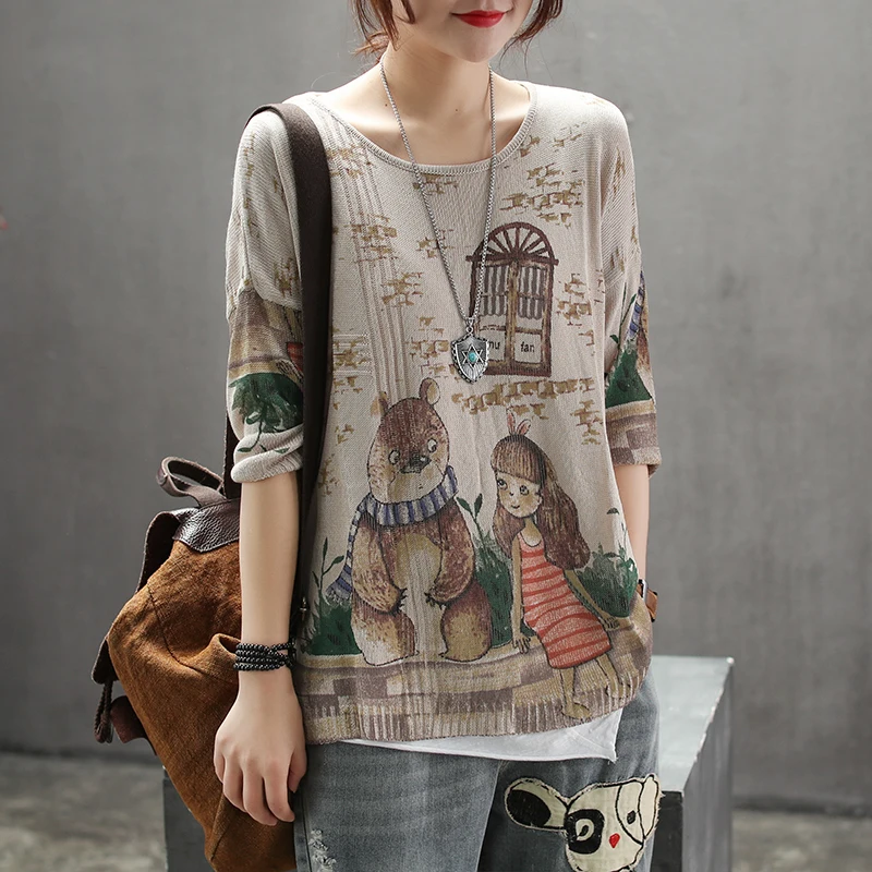 

Hot Spring Autumn T-shirt Retro Women Loose Knitting Pullovers New Tops O-neck Print Pattern Casual Ladies T-shirt Mori Girl