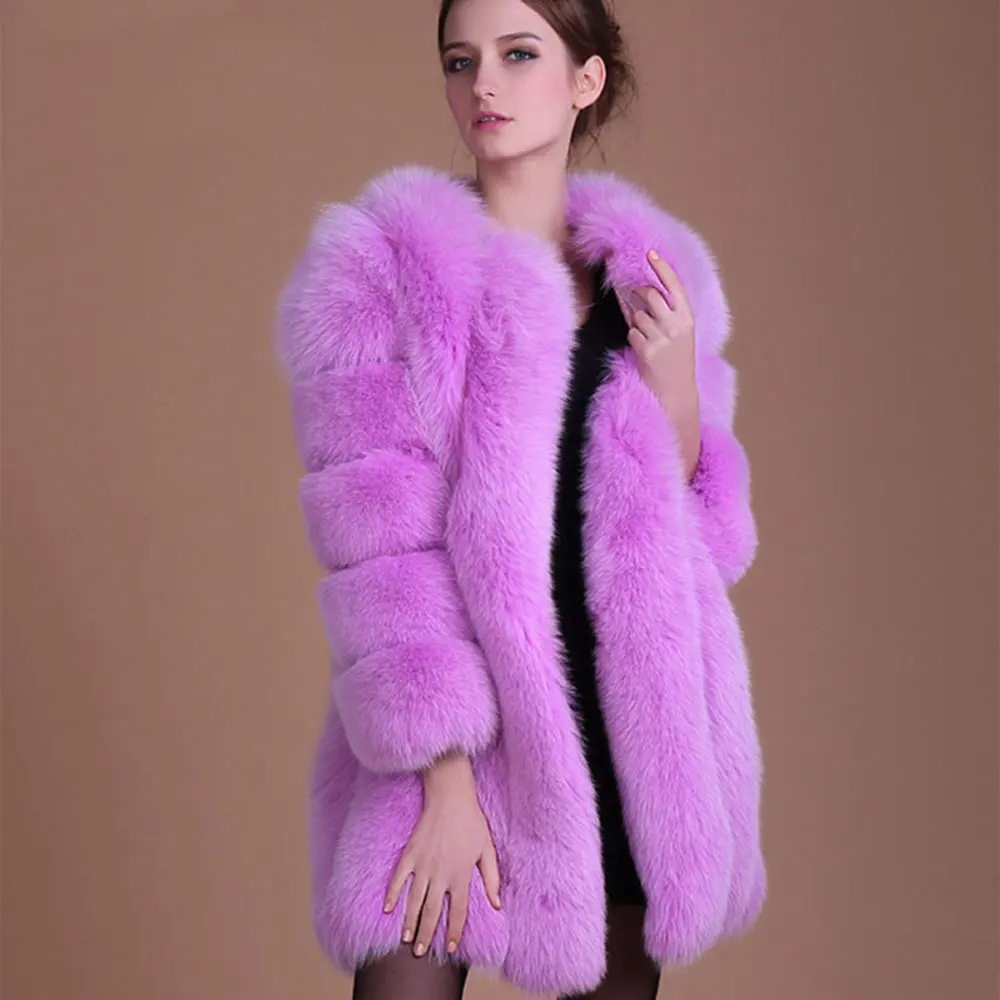 Image 2016 New Faux Fur Fox Long Sleeve Women Warm Thick CoatsFourrure Winter Jacket Pink Coat Manteau Fourrure Femme White