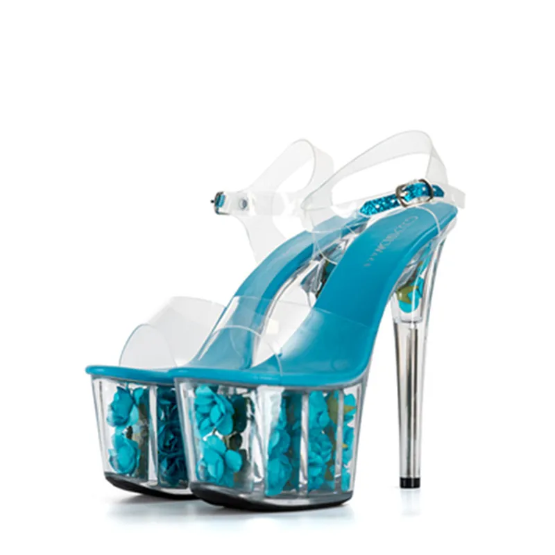 

2019 Sandals Women Shoes Platform Thin Heel Ultra High Heels 17CM Flowers Transparent Crystal Sandals Female Wedding Shoes