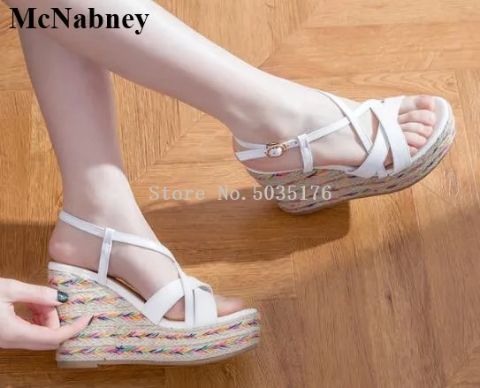 

2019 Summer New Color Coded Peep Toe Buckle Wedges Heel Shallow Waterproof Platform Muffin Female White Sandals Tide Women Shoes