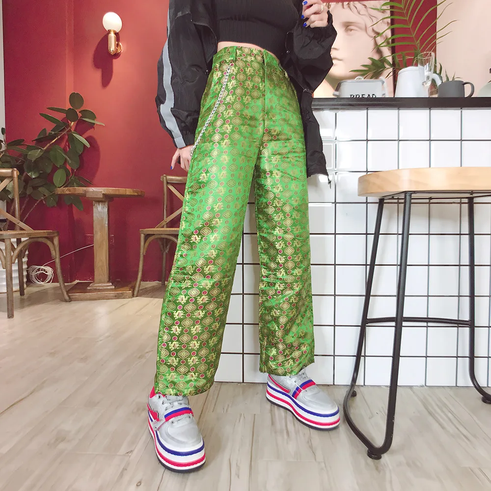 

Chinese Style Dragon Vintage Straight Wide Leg Pants Women High Waisted Chains Trousers Female Bottom Ladies Casual Pantalones