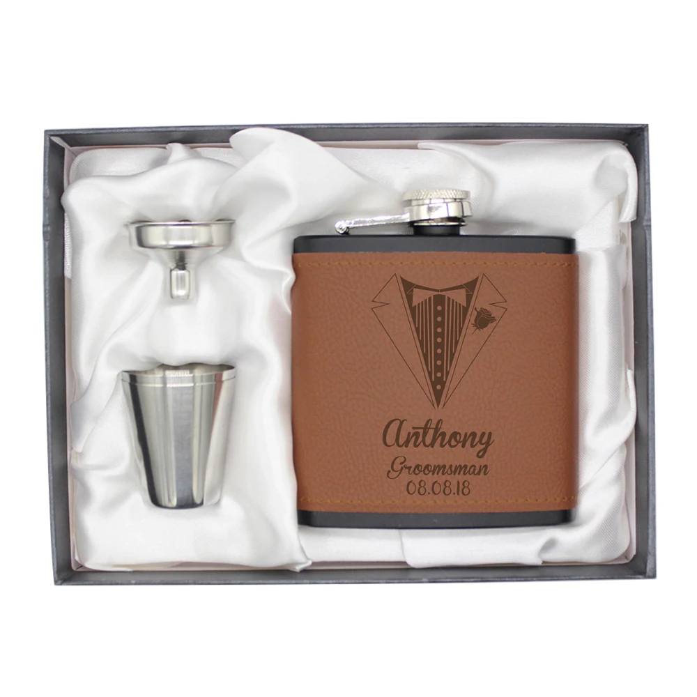Anca do Aço Inoxidável de Couro Groosman o Noivo do Casamento Casamento do Presente Festa de Aniversário Personalizado Gravado 6 oz Conjunto Garrafa Preto Melhor Homem do Presente da Favores