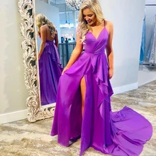 Пикантные Длинные платья выпускного вечера v-образным вырезом бретельках Формальные Платья для вечеринок Фиолетовый шифон оборками Часовня Поезд женское выпускное платье