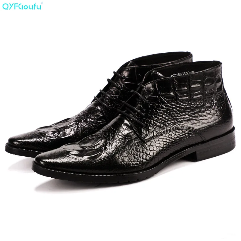 

Luxury Designer Men Dress Boots Shoe Genuine Leather High Quality Cow Leather Pointy Crocodile Pattern Ankle Boots