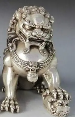 Rare Chinese Silver Guardian Lion Foo Fu Dog Statue Pair 12cm High 