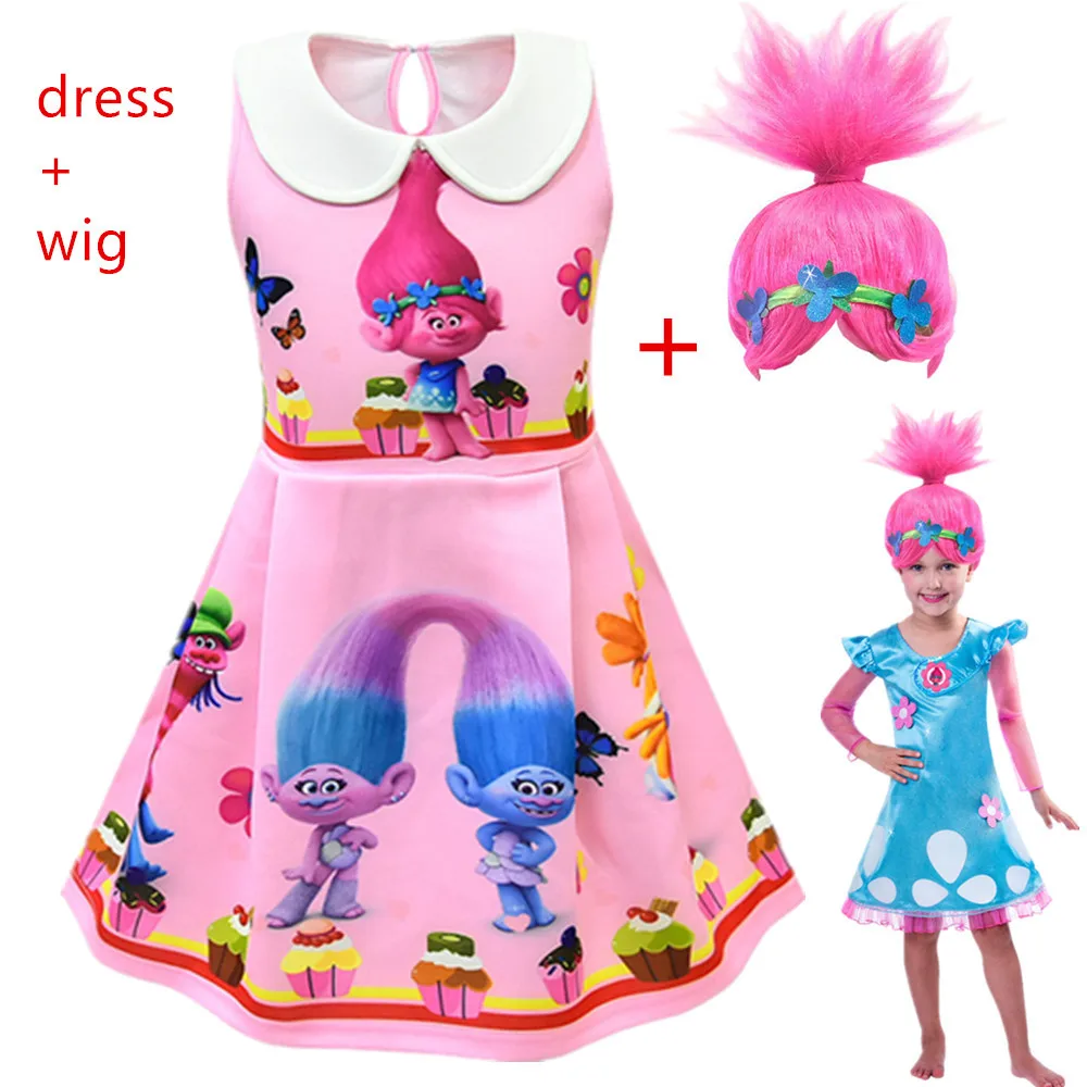 

Girls Dresses Trolls Poppy Cosplay Costumes Dress for girls Moana Vaiana Halloween Clothes Carnival Kids trolls Costumes+wig