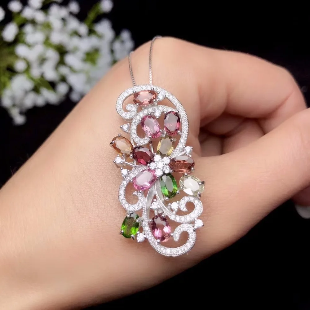 Dual-use style natural tourmaline brooch beautiful colors 925 silver gemstones certificate | Украшения и аксессуары