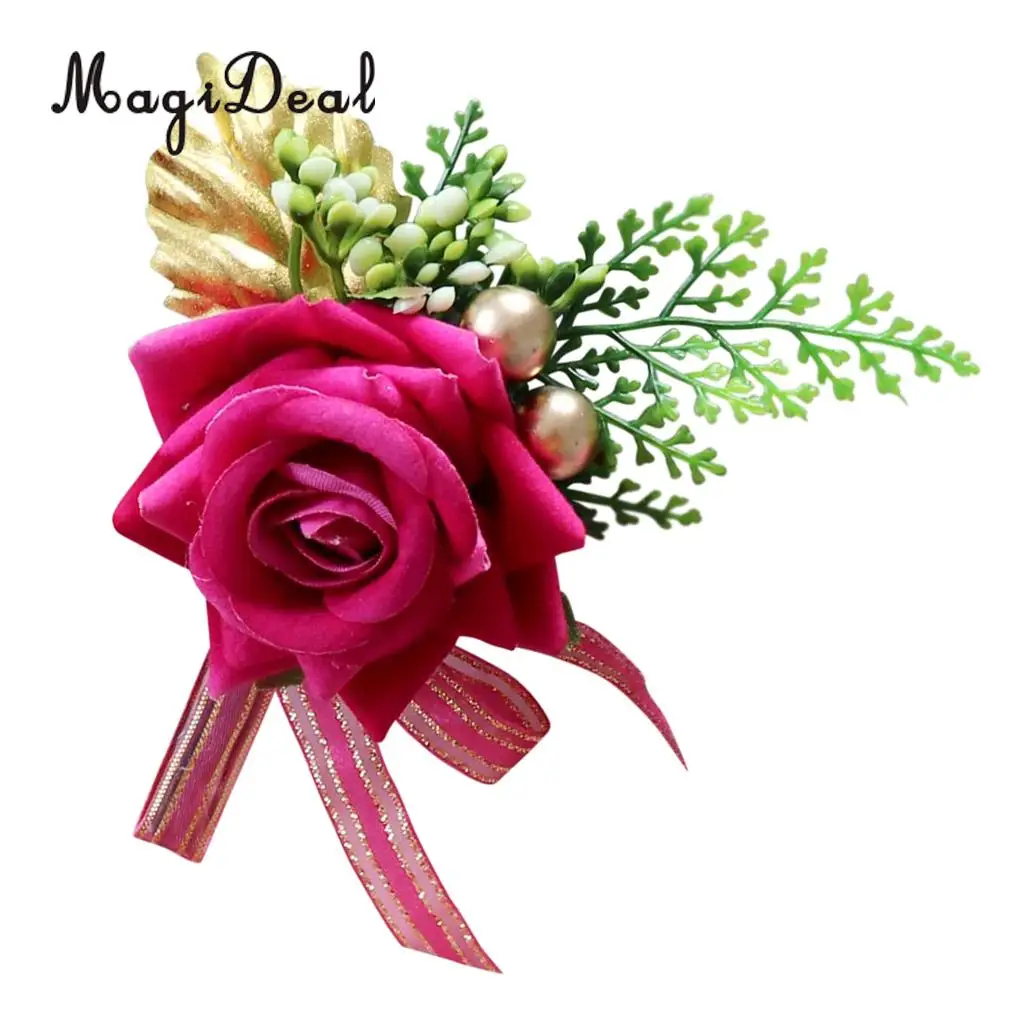 Romantic Artificial Rose Flower Pearls Wedding Corsage Boutonniere for Bridal Groom Fancy Dress