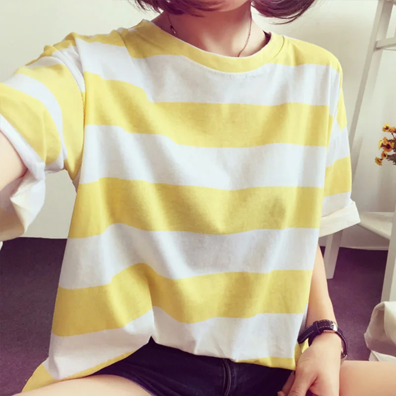 Новая Корейская версия, Повседневная футболка в полоску с коротким рукавом, Harajuku, женские топы, свободная летняя футболка, футболка, Femme Camiseta Mujer
