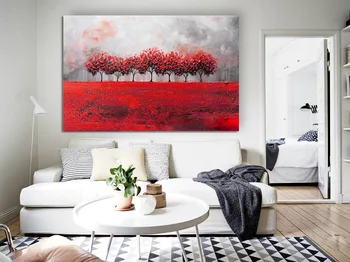 

Hand Painted Abstract red Grey Painting Tree Landscape Large Canvas Textured Coastal Rain Oil Painting Artwork Wall Art