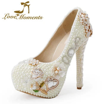 

Ivory Pearl Wedding bridal shoes Crystal Flower Bride Dress Shoes Gorgeous Design Love Marriage Pumps Matching Party Dress Heels