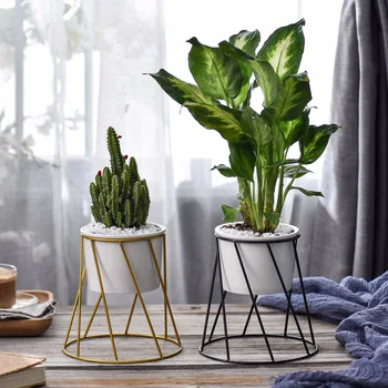 

WINOMO 1 Set of Ceram Succulent Planter Pot Flowerpot Planter and Truncated Cone Shaped Iron Metal Stand