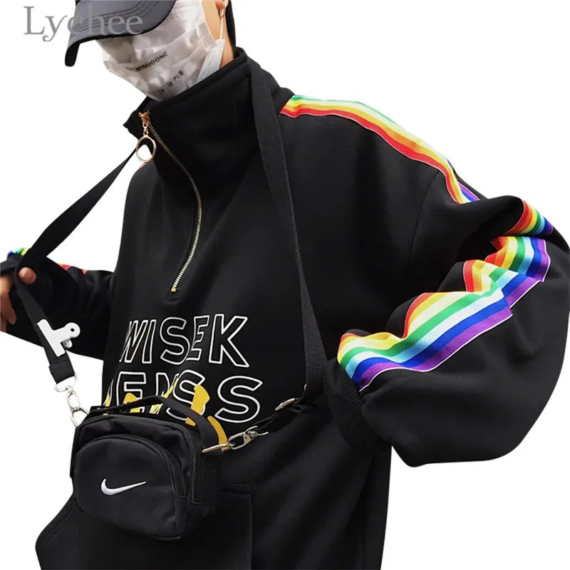 Lychee Harajuku японский Радуга полоса молния женский свитер флис с длинным рукавом