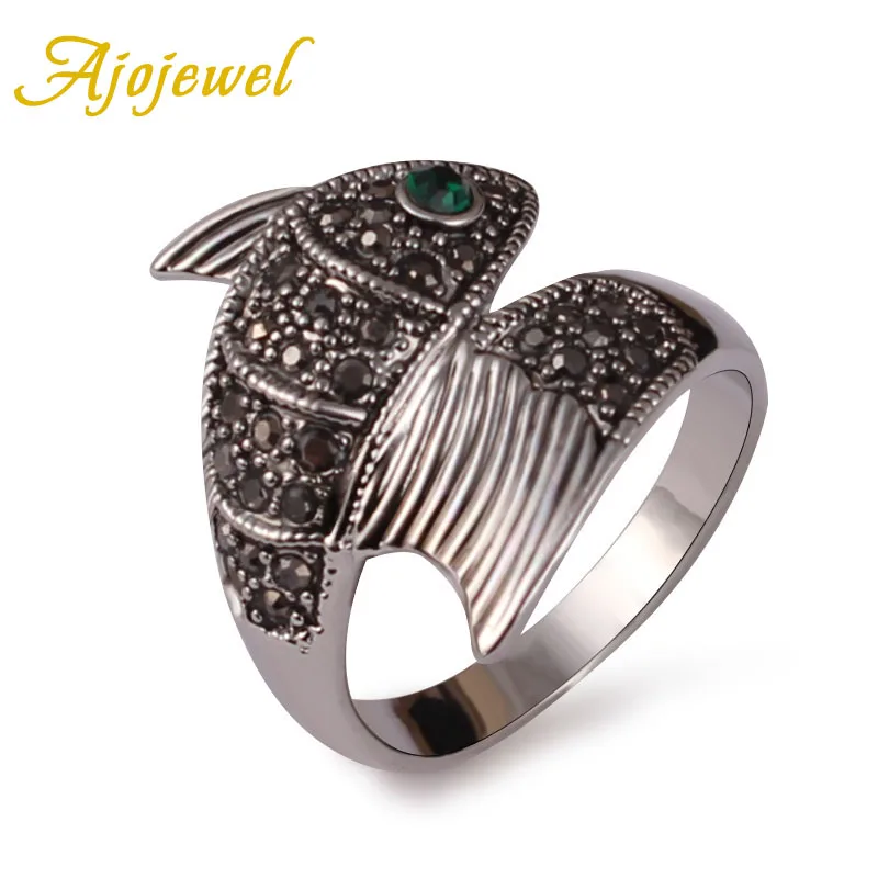 

Ajojewel Size 7 8 9 Brand Fashion Animal Jewelry New Green Crystal Eyes Fish Ring For Men Women