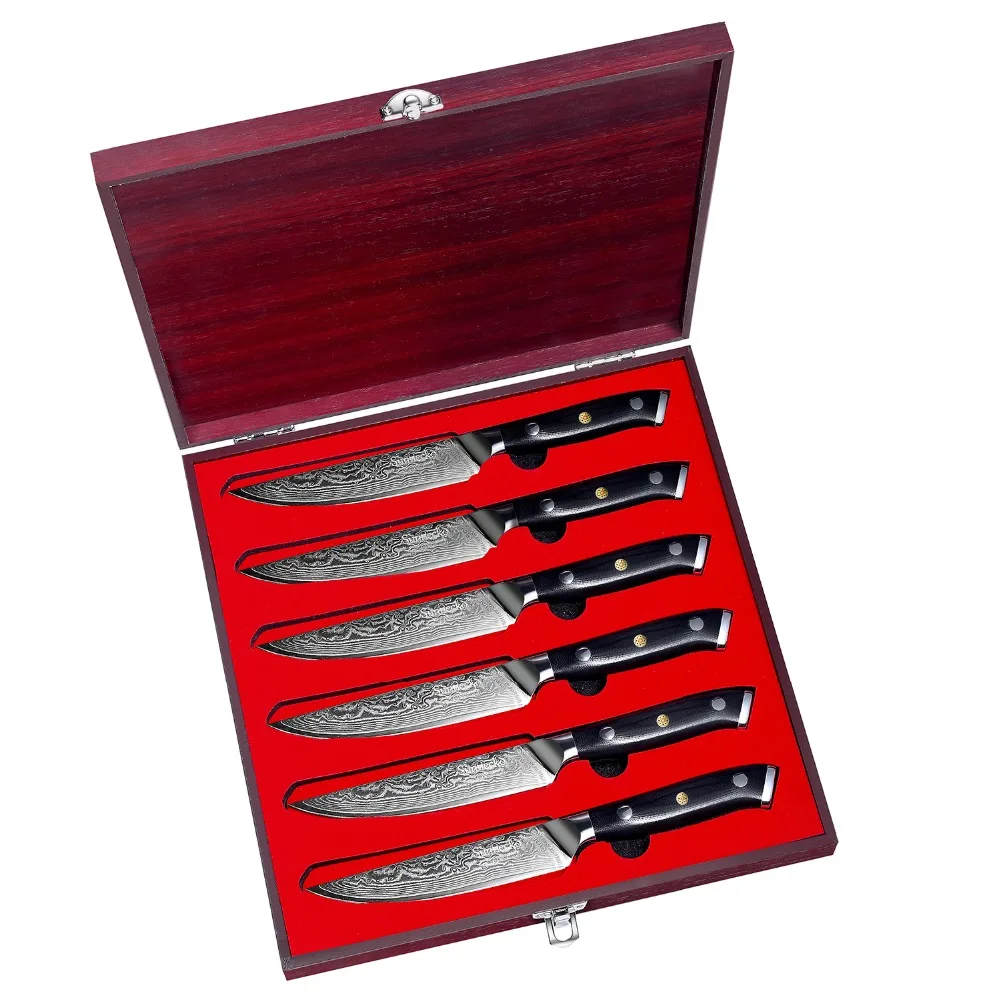 Новинка SUNNECKO дамасский незубчатый нож для стейка японский VG10 стальной нож инструмент для приготовления пищи 6 шт набор кухонных ножей с подарочной коробкой