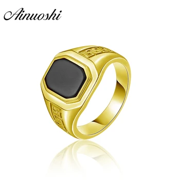 

AINUOSHI Rectangle Black Agate Vintage Ring 14K Solid Yellow Gold Solitaire Wedding Band Engagement Jewelry Flat-Top Men Ring