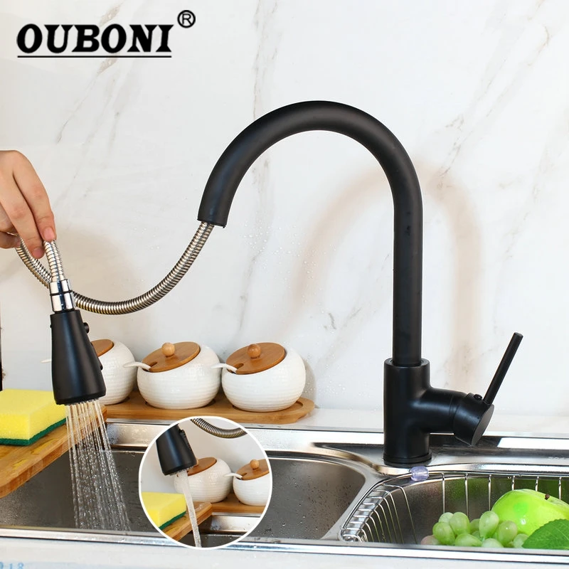 

OUBONI Black Chrome Swivel Kitchen Faucet Mixer Tap Pull Out Spray Brass Cover Plate Brushed Nickel 1 Handle Kitchen Tap Mixer