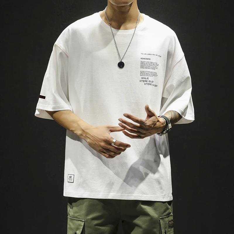 

Half Sleeve T shirt Men Cotton Loose O-Neck Tops Tees 2019 Summer New Style White Khaki Letter Print Simple Leisure T-shirts Man