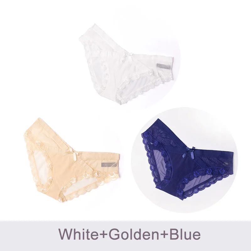 DULASI женские трусы, сексуальные кружевные сетчатые трусики, выдолбленные дышащие трусы с низкой талией, женское нижнее белье, бесшовное нижнее белье с бантом - Цвет: White Golden Blue