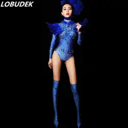 Сияющий Синий перо боди с кристаллами Бар ночной клуб DJ этап певица женские костюмы пикантные вечерние Танцы производительность