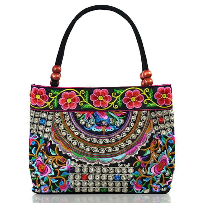 

Veowalk Full Embroidered Women Canvas Casual Tote Handbag Thailand Style Ladies Top-handle Shoppers Bag Bolsas Femininas Blue