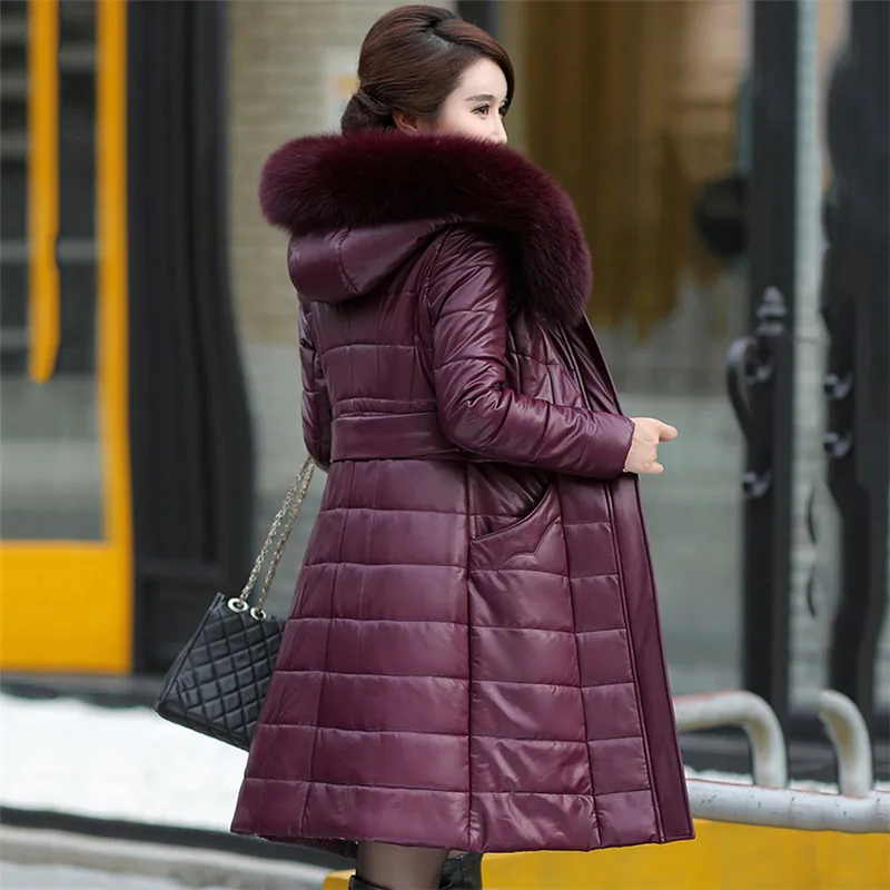 Зимнее пальто для мамы, черный, серый, винный, красный, 6 цветов, 6XL, 7XL, 8XL, большие размеры, свободные благородные кожаные пуховики с капюшоном, парки LD1130 - Цвет: Grape purple