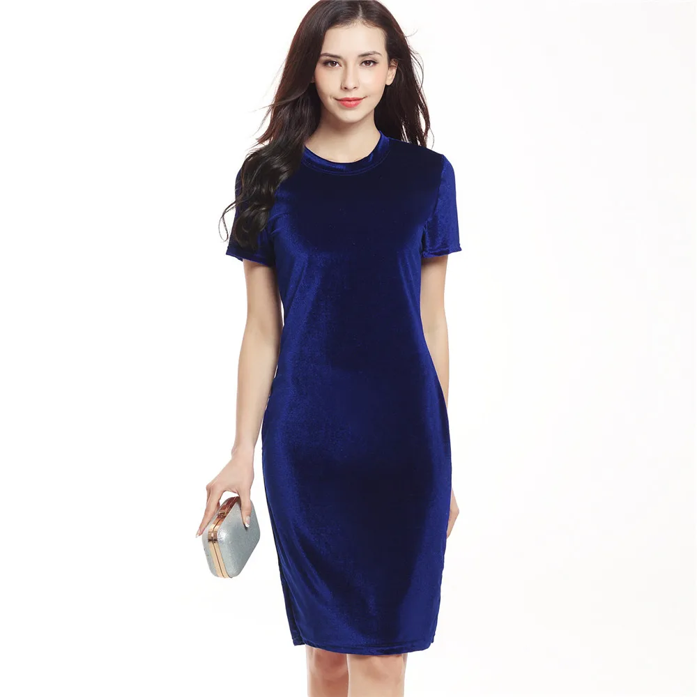 

2019 New Winter Autumn Women Gold Velvet Short Sleeve Dress Warm Casual Pencil Charming Dress Female Pullover Solid Dress