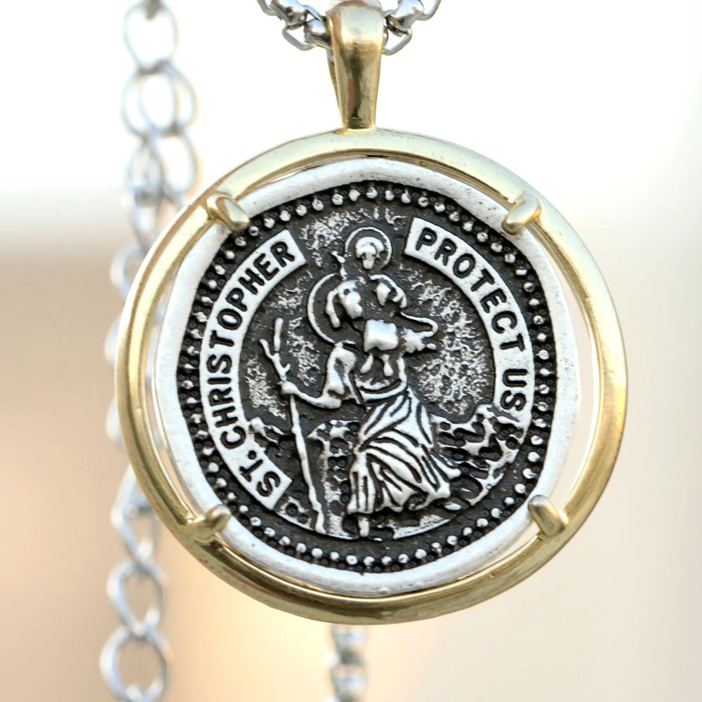 Handmade Mens Heavy St Christopher Necklace Travelers Medallion Pendant Bible Jesus Protection