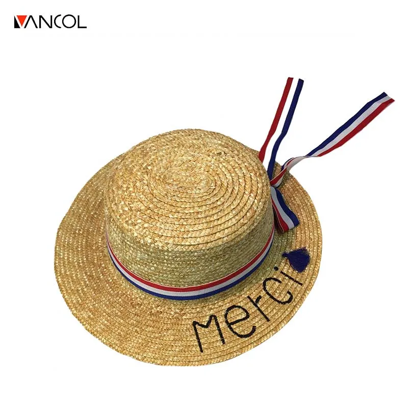 Vancol 2017 ribbon bow Women Flat Natural Straw Sun Hat Spring hat summer toca print sapka Female Beach Hats For Holiday chapeau |