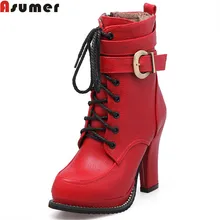 Asumer женские ботинки из искусственной кожи высокого качества; сезон осень-зима; Новое поступление; цвет черный, бордовый, коричневый; Ботильоны на молнии с пряжкой; женские ботинки на шнуровке