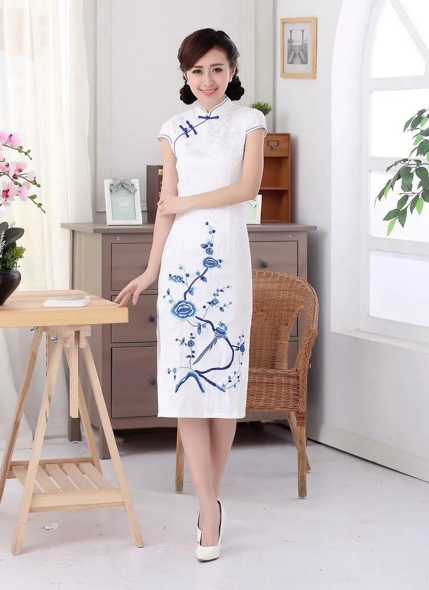 Шанхай история Топ-класс Длинные Цветочные Cheongsam Qipao платье Китайская традиционная одежда белый восточные платья для женщин