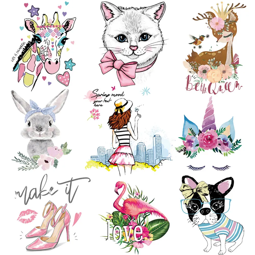 

2019 dog cat deer rabbit iron patches for clothing flamingo iron on transfer girls big patch flower unicorn clothes stickers