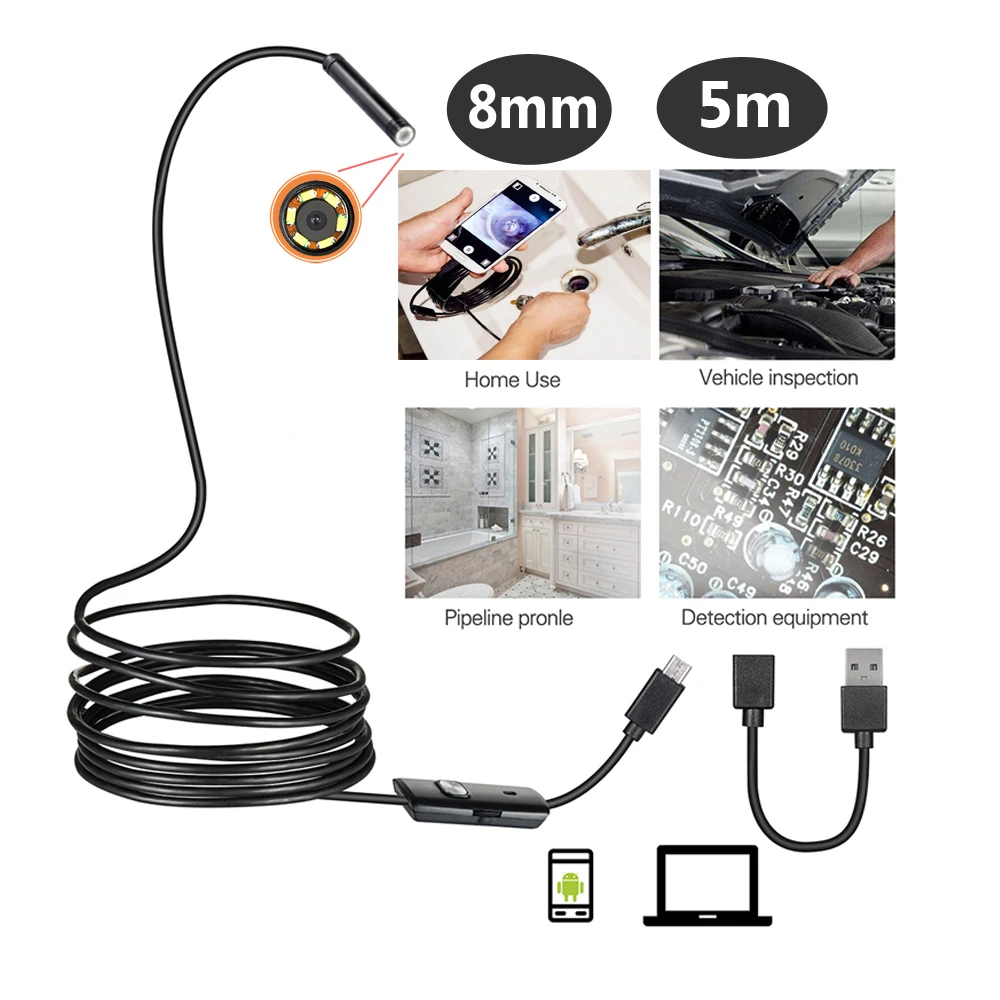 

Android Endoscope 8mm 1m/2m/5m IP67 Waterproof Support OTG&UVC Smartphone HD Snake Mini Usb Endoscope For Car/PCB/EarDetection