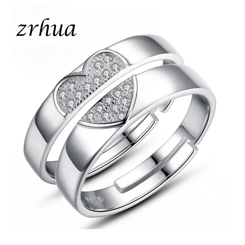 ZRHUA Elegant Men Women Personalized 925 Sterling Silver Heart Rings Fashion Chic Couple Anillos for Wedding Party Engagment