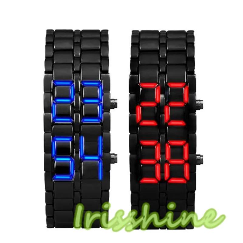 Irisshine 7030 2pcs Lava Style Iron Samurai Black Bracelet LED Japanese Inspired Watch RED BLUE Cool