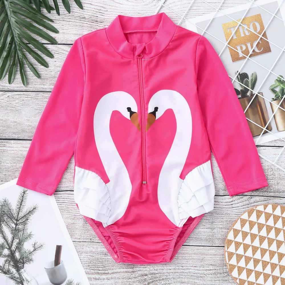 

Children Swimwear for Girls Kids Cotton One piece Swimsuits Kids Bathing Suit Long sleeve Ruffles Swan Cartoon Swimwears k328
