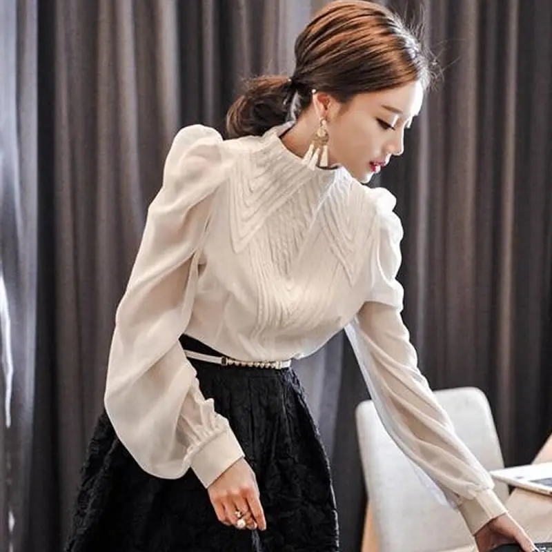 

Stand Collar Puff Sleeve Women Shirts Elegant Plus Size Office Lady Chiffon Blouse Lantern Sleeve Fashion Blusa Camisa