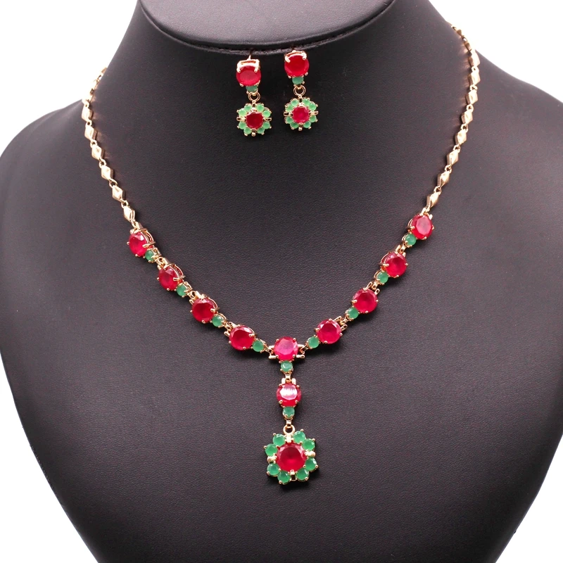 JINYAO роскошный набор украшений для женщин, золотой цвет, красные и зеленые цветы, циркониевое ожерелье, серьги, набор для свадебной вечеринки