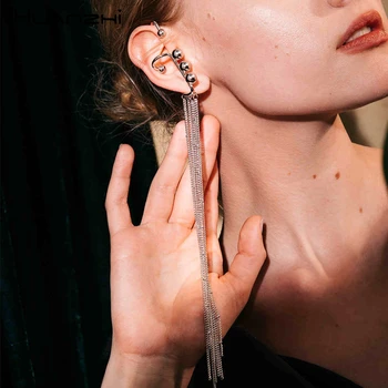 

HUANZHI 2019 New Design Korean Unique Personality Long Tassel Gold Ball Ears Cuffs no Piercing Ear Clip for Women Party