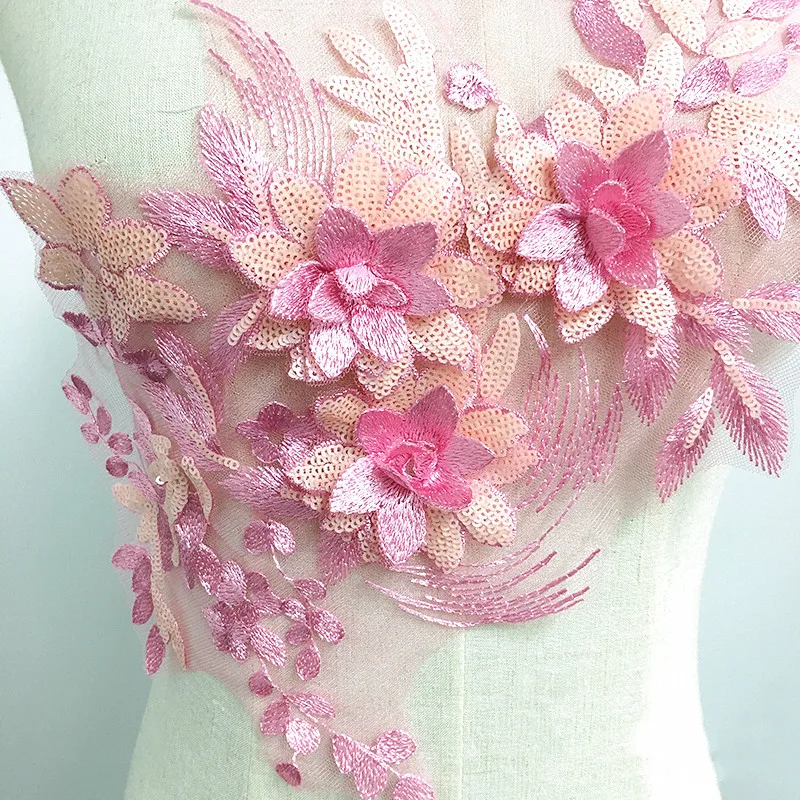 

Purple Green Pink Sequins Embroidery Three-dimensional Lace Flower Skirt Chest Decoration DIY Stickers Accessories 2Piece