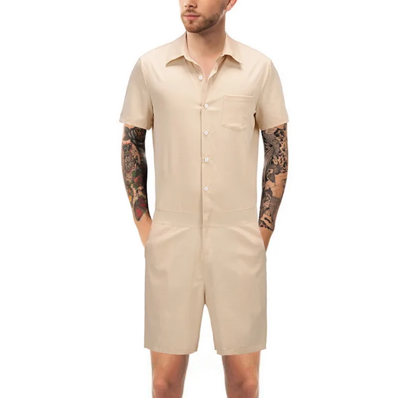 

MJARTORIA Casual Summer Fitness Rompers Overall Pants Male Bodysuits Single Breasted Loose Jumpsuit Trousers Body Suits Homme