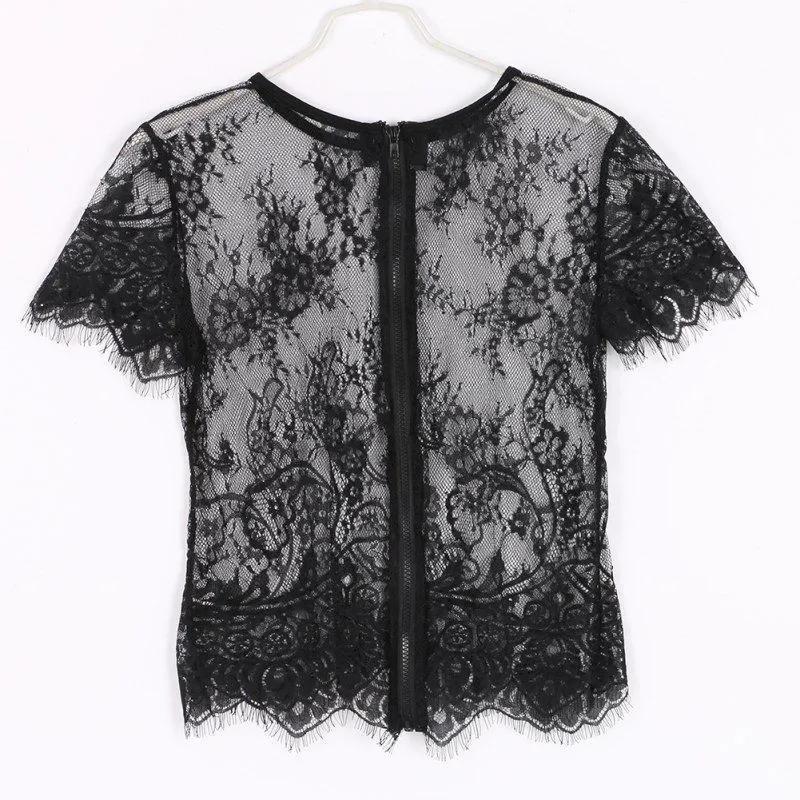 Модная сексуальная блузка с цветочной вышивкой, Женская кружевная прозрачная элегантная рубашка, лето, вечерние короткие топы с длинным рукавом - Цвет: Черный