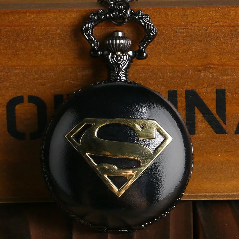 

Free Shipping Cool Black Case Superman Theme Pocket Watch Blue Dial Quartz Fob Watch With Chain Necklace Gift