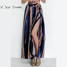 Striped Wide Leg Pants Side Slash High Waist Fashion Sashes Sexy Mono combinaison pantalon femme Skirt Capris Chic Boho Trousers