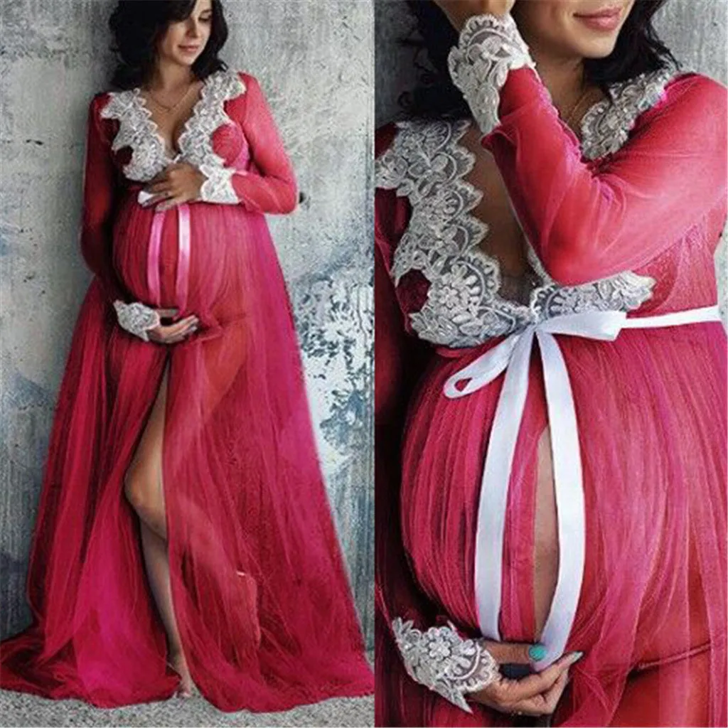 Летние платья для беременных фотография женское кружевное платье для беременных женщин s беременность Кружева Длинное Макси платье - Цвет: Red