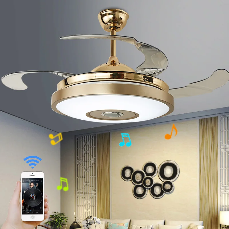 Us 204 8 60 Off Led Modern Alloy Acryl Abs Bluetooth Music Ceiling Fan Led Lamp Remote Control Rgb Dimmable Gold Light For Foyer Living Bedroom In