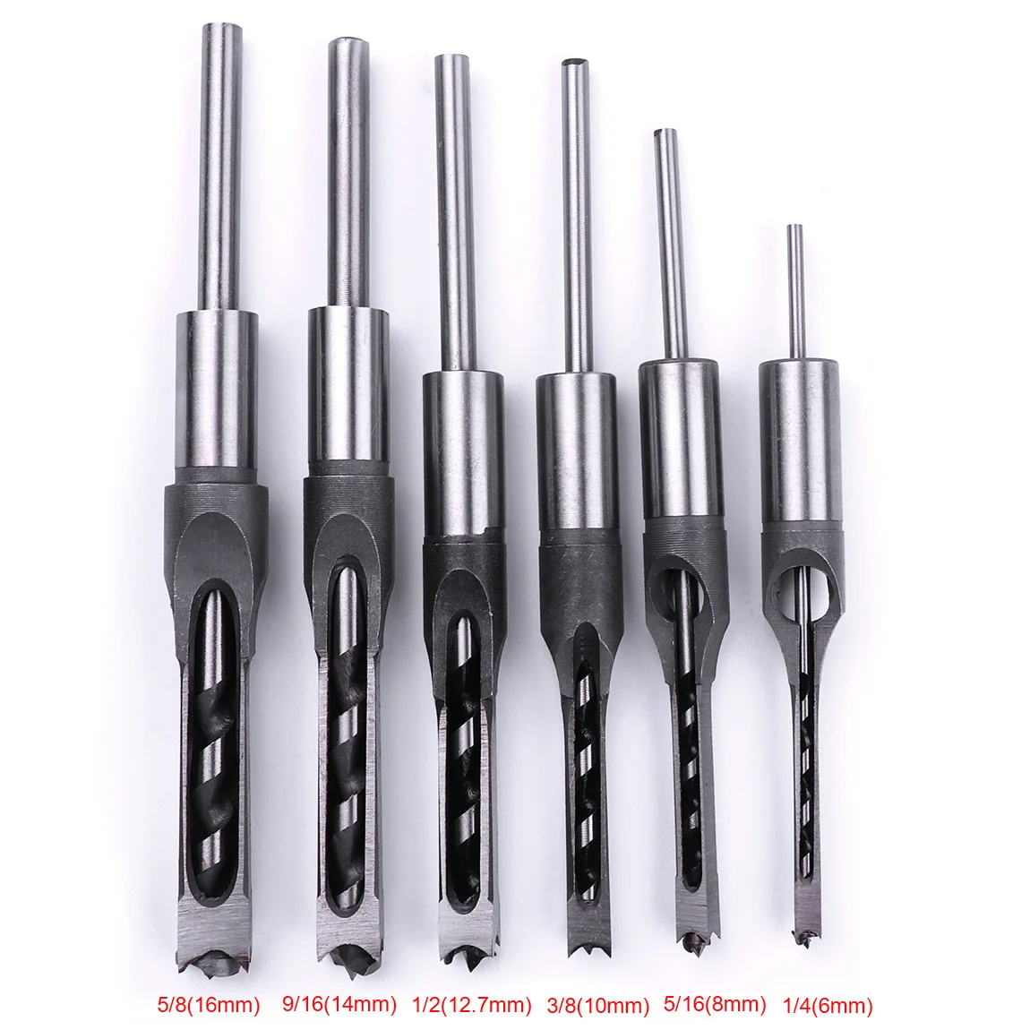 

6pcs HSS Square Hole Saw Mortising Chisel Twist Auger Drill Bits HRC 48~50 6.35/8/9.5/12.7/14/16mm