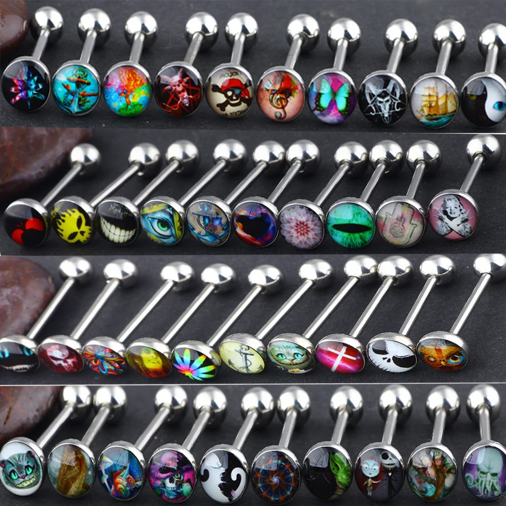 JUNLOWPY Mix Different Logos 50pcs Wholesale Tongue Barbells Earring Fashion Body Jewelry Women Nipple Rings Industrial Ear Kit
