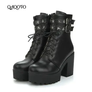 

2019 Square High Heel Ankle Boots Women Fashion Platform Martin Boots Lace Up Zipper Boots Autumn Winter Woman Shoes