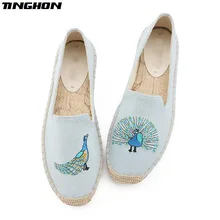 TINGHON модные женские туфли женские эспадрильи на плоской подошве парусиновая обувь с вышивкой «Павлин» в римском стиле Ремешок на щиколотке Hemps туфли без каблука "рыбачьи";